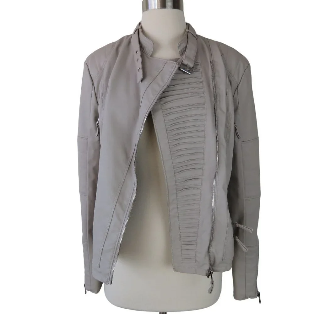 BLANKNYC Women's Tan Faux Leather Asymmetrical Moto Jacket S Vegan Quilted Tucks
